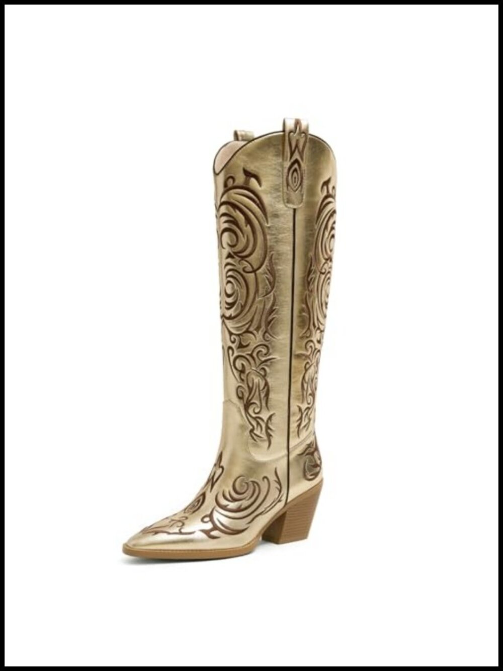 Women's Knee-High Western Boots Pointed Toe Faux Leather Floral Embroidered